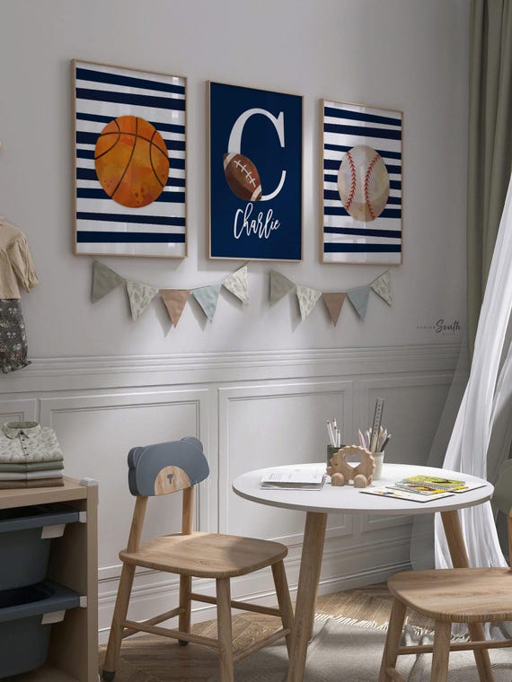 Sports birthday party gift, boys nursery decor, navy blue nursery wall art, boys monogram personalized sports print, big boy bedroom decor