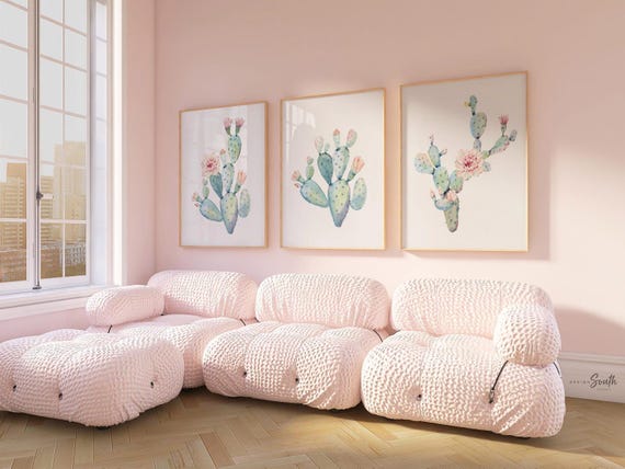 Floral cactus wall art nursery, baby girl's room wall art, succulent desert cactus bloom pink flowers, gallery wall, girl playroom pink art