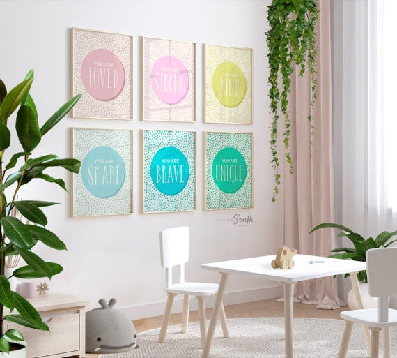 Modern kid art, children's wall art quotes, girl playroom decor ideas, wall art girl room, kid room prints, set 6 pink poster affirmations