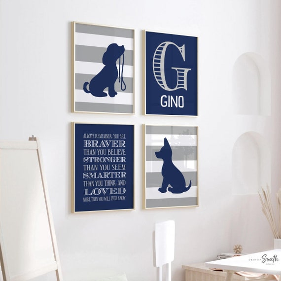 Puppy nursery decor for boys, puppy dog theme boys room art, personalized name art boy room, dog prints for bedroom, puppy bed wall art name