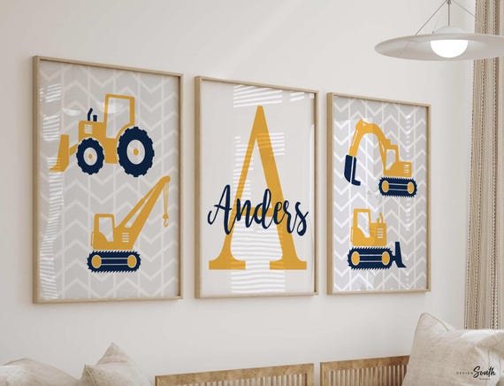 Navy blue yellow and gray construction room, big boy construction bedroom, construction theme gift for boy personalized name, boy's playroom