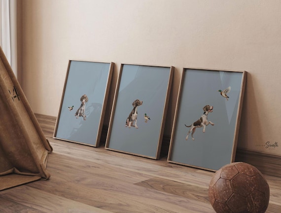 Bird Dog Nursery Prints: German Shorthaired Pointer Art in Soft Blue Tone