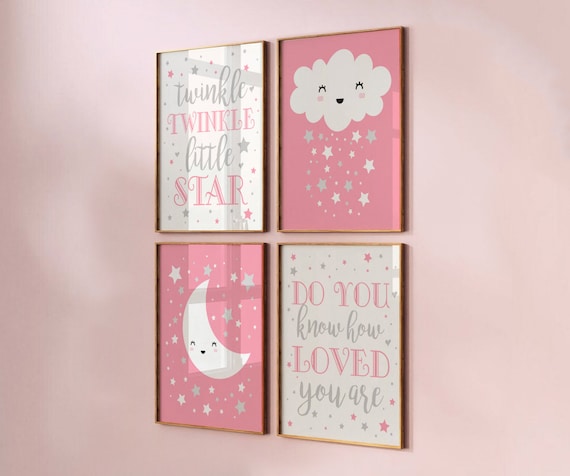 Twinkle twinkle little star pink and gray, baby girl nursery wall decor, pink and gray nursery art, do you know how loved you are print set
