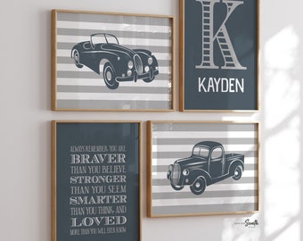 Vintage Car Nursery Art Prints: Personalized Boy Name, Classic Truck Theme