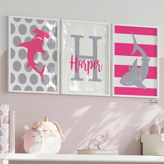 Girl's shark room wall art, pink gray shark decor, gift for little girl shark theme, shark wall art girl personalized gift, girl shark print