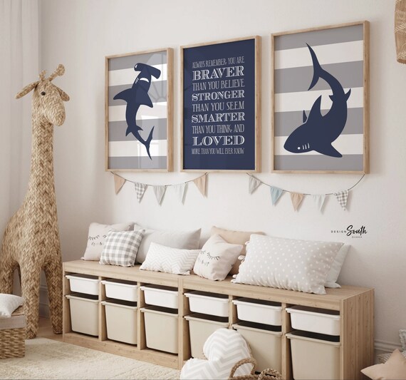Boys navy blue and gray shark room decor, boys wall art, big boy bedroom, boys shark bedroom, quote for boy, shark nursery, shark decor kids
