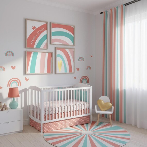 Coral Teal Rainbow Nursery Prints: Personalized Baby Girl Wall Art
