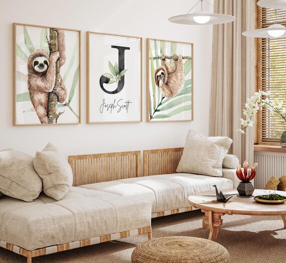 Sloth Nursery Wall Art Set of 3, Tropical Rainforest Animal Prints, Personalized Name Initial, Neutral Baby Nursery Toddler Room Decor