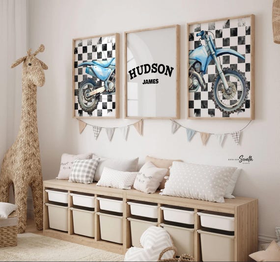 Personalized Dirt Bike Nursery Art: Blue Motocross Prints