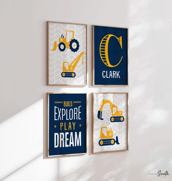 Construction Truck Prints: Boys Bedroom Decor, Personalized Name Art