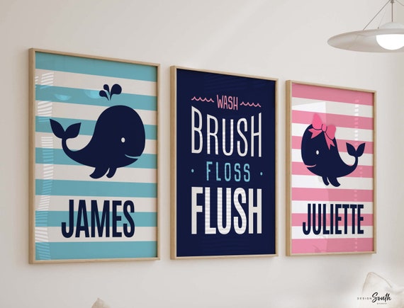 Bathroom decor, bathroom decor for children, boy/girl bathroom, bathroom prints, whale bathroom, whale theme, wash, brush, floss, flush, art