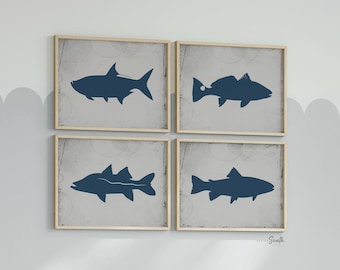 Tarpon, Trout, Snook, Red Fish, gray and navy blue, toddler fishing art, boys room sea fishing themed, boys fishing wall art, fish themed