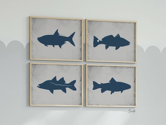 Tarpon, Trout, Snook, Red Fish, gray and navy blue, toddler fishing art, boys room sea fishing themed, boys fishing wall art, fish themed