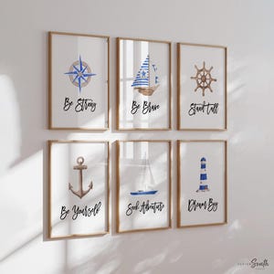 Nautical Nursery Art Prints: Anchor, Ship Wheel, Sailboat - Ocean Theme
