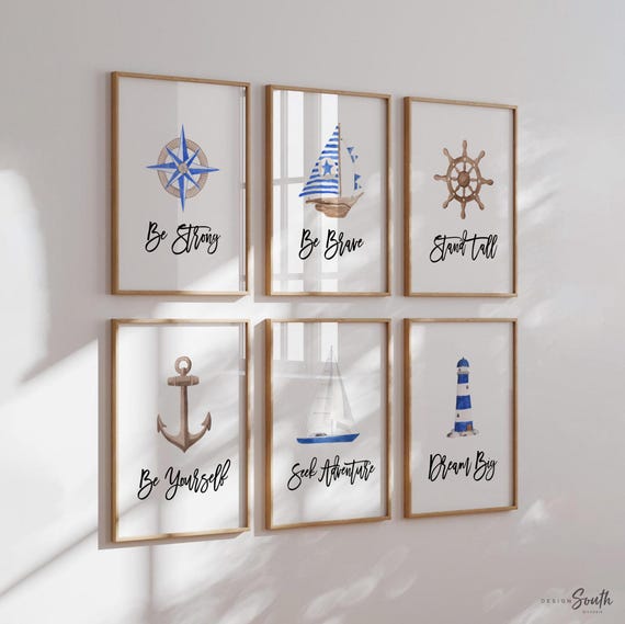 Nautical boys room art, anchor ship wheel sailboat collection nautical wall prints, nautical nursery art, ocean theme wall art, sea baby art
