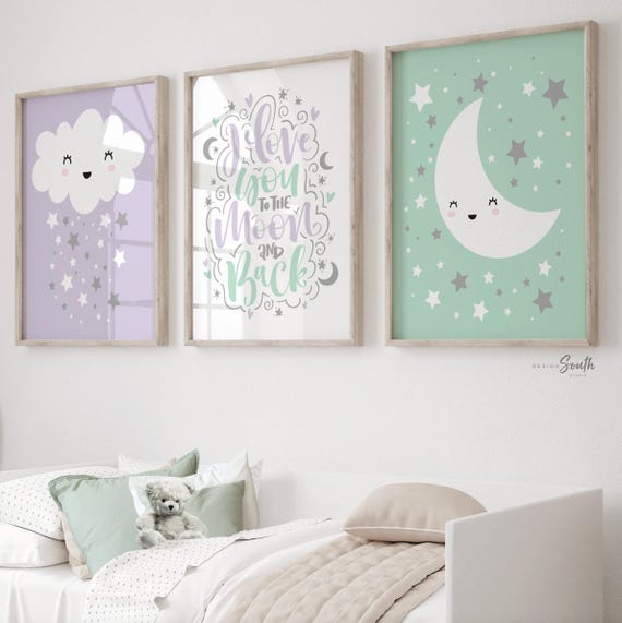 Mint and lilac nursery, moon star nursery decor, love you to the moon quote baby, purple girls room wall art prints, girl bedroom wall ideas