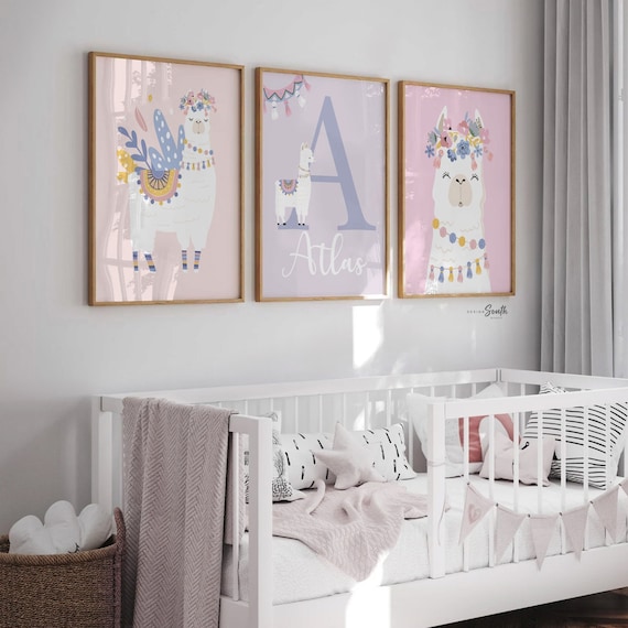 Personalized letter and name wall art pastel, llama baby girl nursery art, girl monogram art, baby girl flower llama nursery pink pastel
