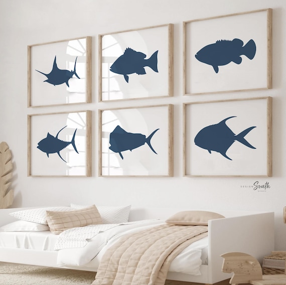 Boys blue fishing bedroom wall art, fish decor for boys, boys fishing theme, baby boy fisherman, fish nursery art boys, navy blue fish decor