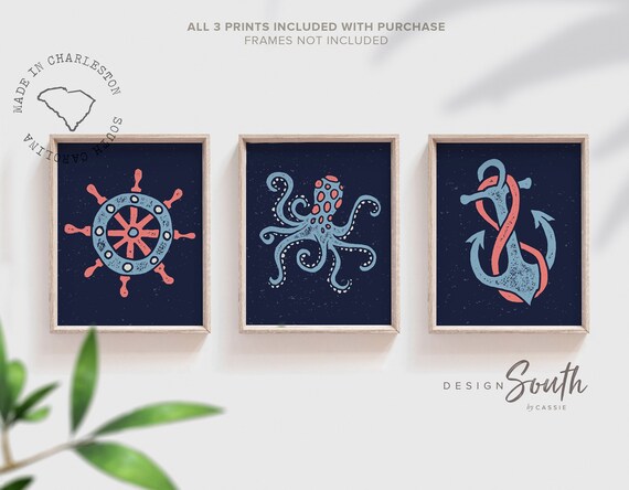 Nautical kids art octopus ship wheel anchor, navy blue nautical bathroom wall art prints, wall art for children, playroom wall ideas ocean