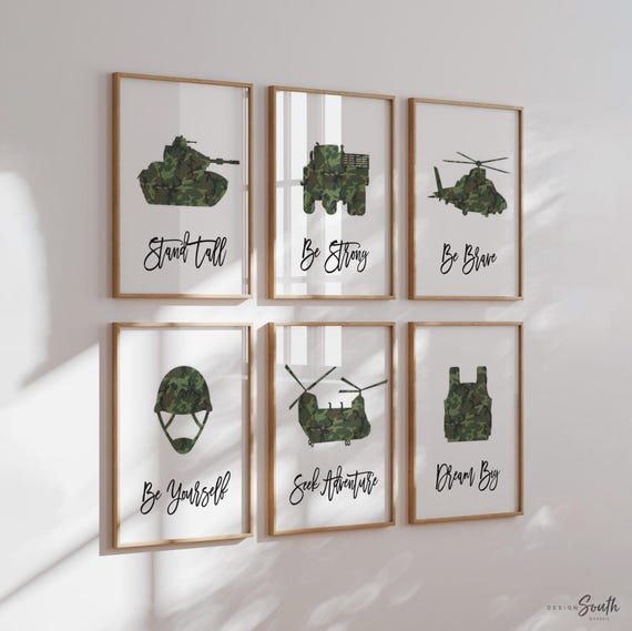 Army vehicles boys wall art set, soldier military tank truck helicopter, boys bedroom wall art print decor army marine troop, playroom army