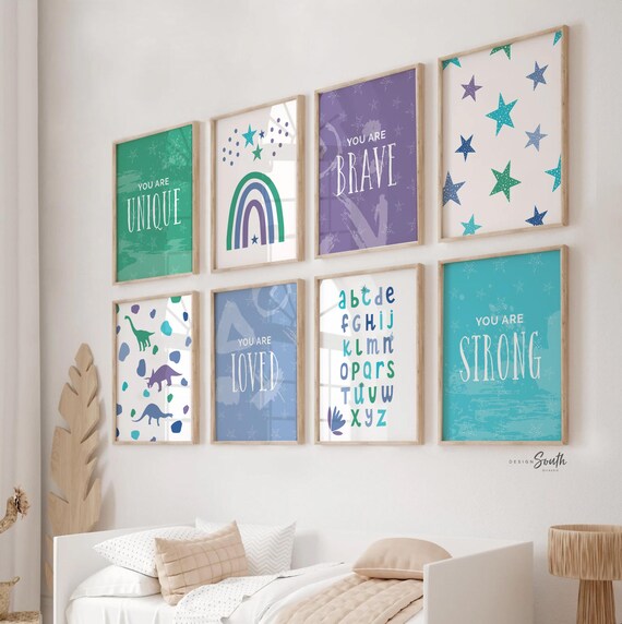 Dinosaur art set, kids dinosaur inspirational quotes, colorful dinosaur wall art, children's bedroom decor dinosaur themed, wall art prints