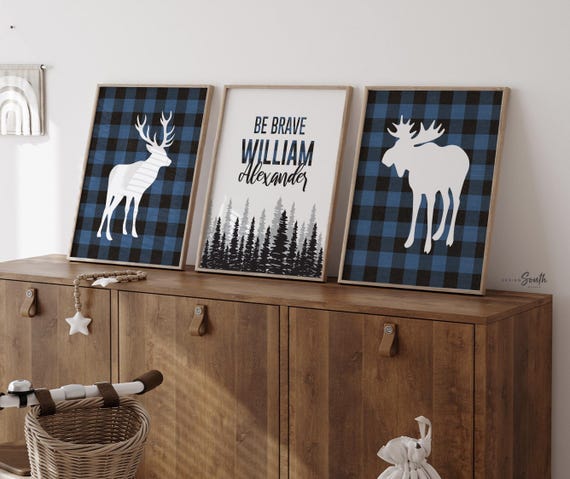 Lumberjack nursery wall art deer moose, buffalo plaid baby boy lumberjack nursery art, buffalo check baby gift, moose deer boys room decor