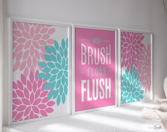 Pink & Teal Bathroom Art Prints: Floral Wash Brush Flush (Unframed)