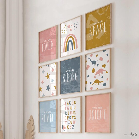 Girl dinosaur art, girl's playroom bedroom rainbows stars alphabet print set, inspirational posters prints for little girls, pink dinosaurs