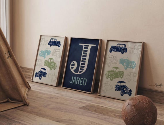 Vintage trucks and transportation theme for boys nursery or bedroom, personalized name boy, transportation decor for boy, personalized art