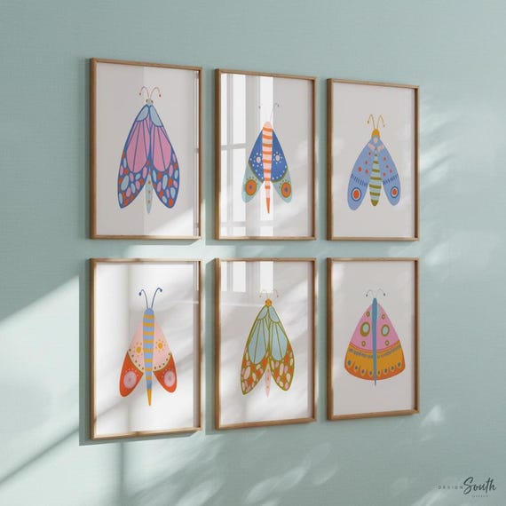 Butterfly Folk Art Print Set: Colorful Girl's Bedroom Wall Decor
