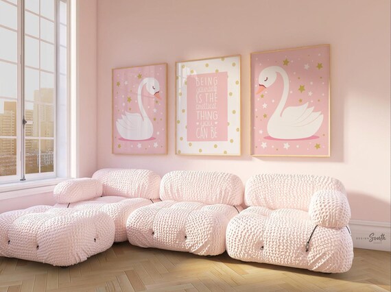 Pink and Gold Swan Nursery Prints: Girl's Room Wall Art