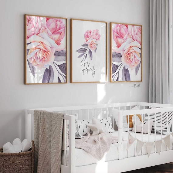Elegant nursery ideas, pink floral bedroom, modern elegant chic pink baby nursery decor, floral personalized name art, nursery room french