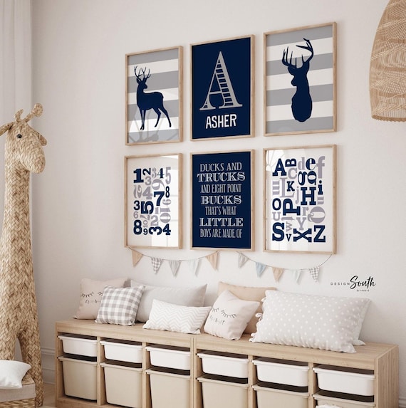 Deer boys bedroom nursery or playroom decor, boys art eight point bucks, deer theme, deer nursery, eight point bucks, navy and gray set of 6
