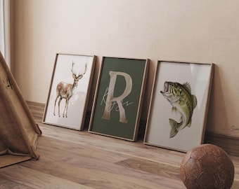 Personalized Nursery Prints – Buck Deer, Bass Fish, Name Initial Wall Art