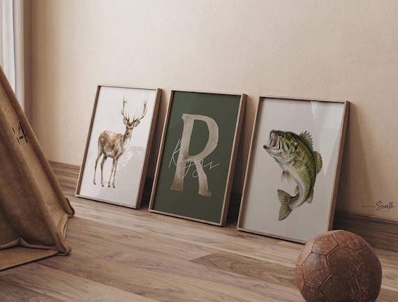 Personalized Nursery Prints – Buck Deer, Bass Fish, Name Initial Wall Art