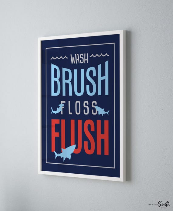 Shark bathroom decor, wash, brush, floss, flush, bathroom print, shark theme bathroom, boys bathroom print, blue and red, bathroom decor