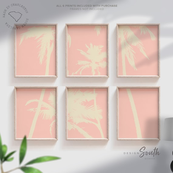 Palms wall art collection, pink palm themed, little girl room tropical, baby girl palm tree wall art idea, palm bedroom art, pink ivory room
