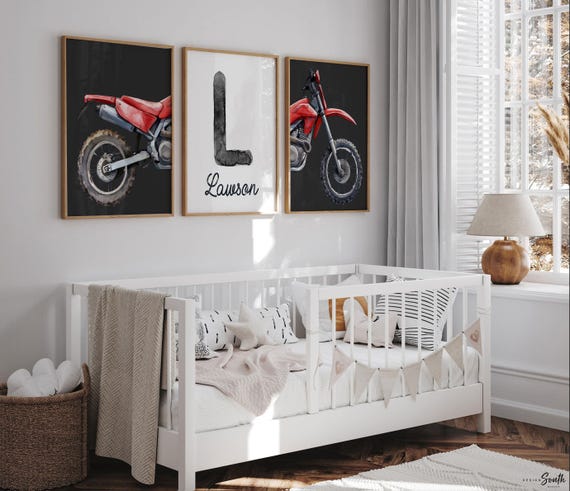 Dirt Bike Nursery Wall Art Set of 3 – Personalized with Boy’s Name – Motocross Bedroom Decor, Watercolor Prints