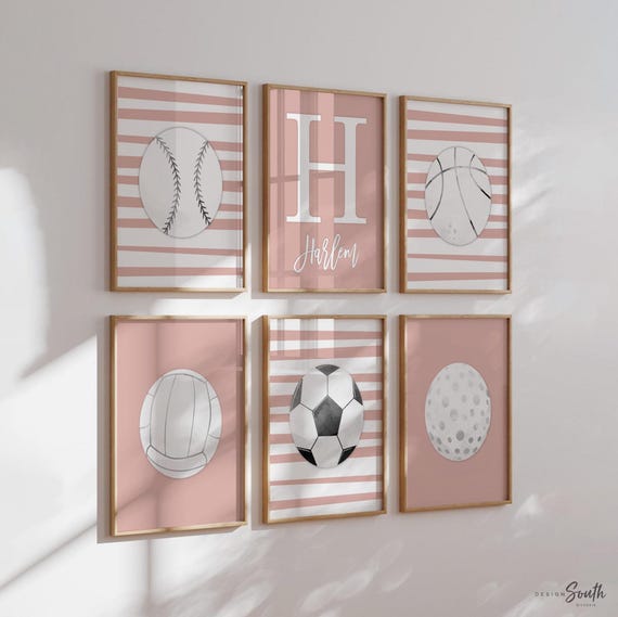 Pink sports art, little girl room sports themed, girly sports art, toddler girl athletic art, baby girl sports nursery pink gray wall art