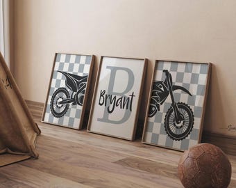 Personalized Dirt Bike Nursery Art: Gray Motocross Prints