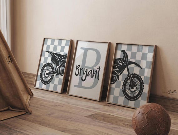Personalized Dirt Bike Nursery Art: Gray Motocross Prints