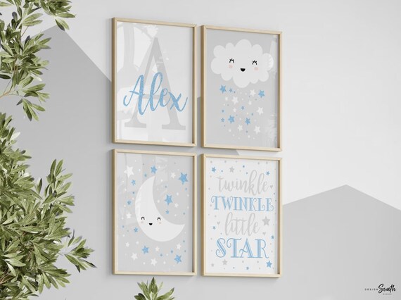 Baby blue and gray boy nursery decor, baby boy nursery art, twinkle twinkle little star, blue gray sparkle baby art, newborn boy gift name