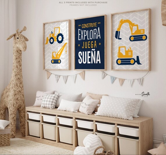 Spanish wording art for boys kids, Construye Explora Juega Sueña, boys construction theme bedroom, boys bedroom decor Spanish, digger prints