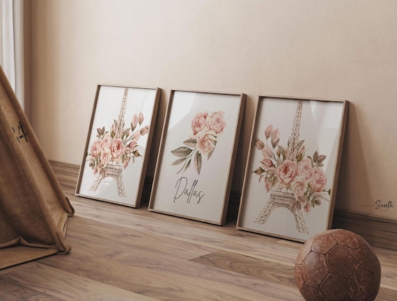 Paris Nursery Decor: Eiffel Tower, Floral Rose Prints, Custom Monogram