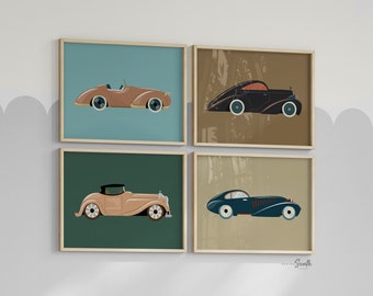 Conjunto de impressão de arte de carro retrô: decoração vintage para berçário