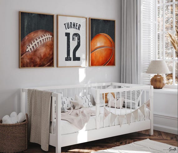 Custom Football Basketball Jersey Number Prints, Vintage Sports Nursery Wall Art (Set of 3)