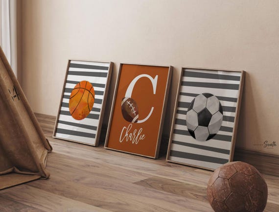 Boys room burnt orange and gray, baby boy nursery sports theme, birthday sports party gift for boy personalized, sports set boy shower gift