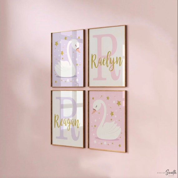 Twin girls pink and lilac, twin art swan theme, twin sister nursery decor, wall decor for sisters, wall art for twin girls, sisters wall art