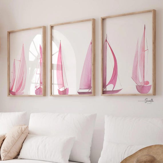 Pink sailboat wall art set of 3, watercolor coastal lake and ocean prints, nautical beach house decor, coastal nursery or bathroom art