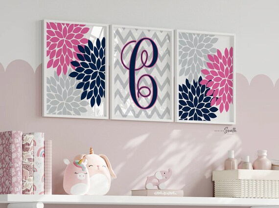 Girls bedroom hot pink, wall decor for girls, wall art for girls, pink navy decor girls room, hot pink art baby girl, navy and pink monogram
